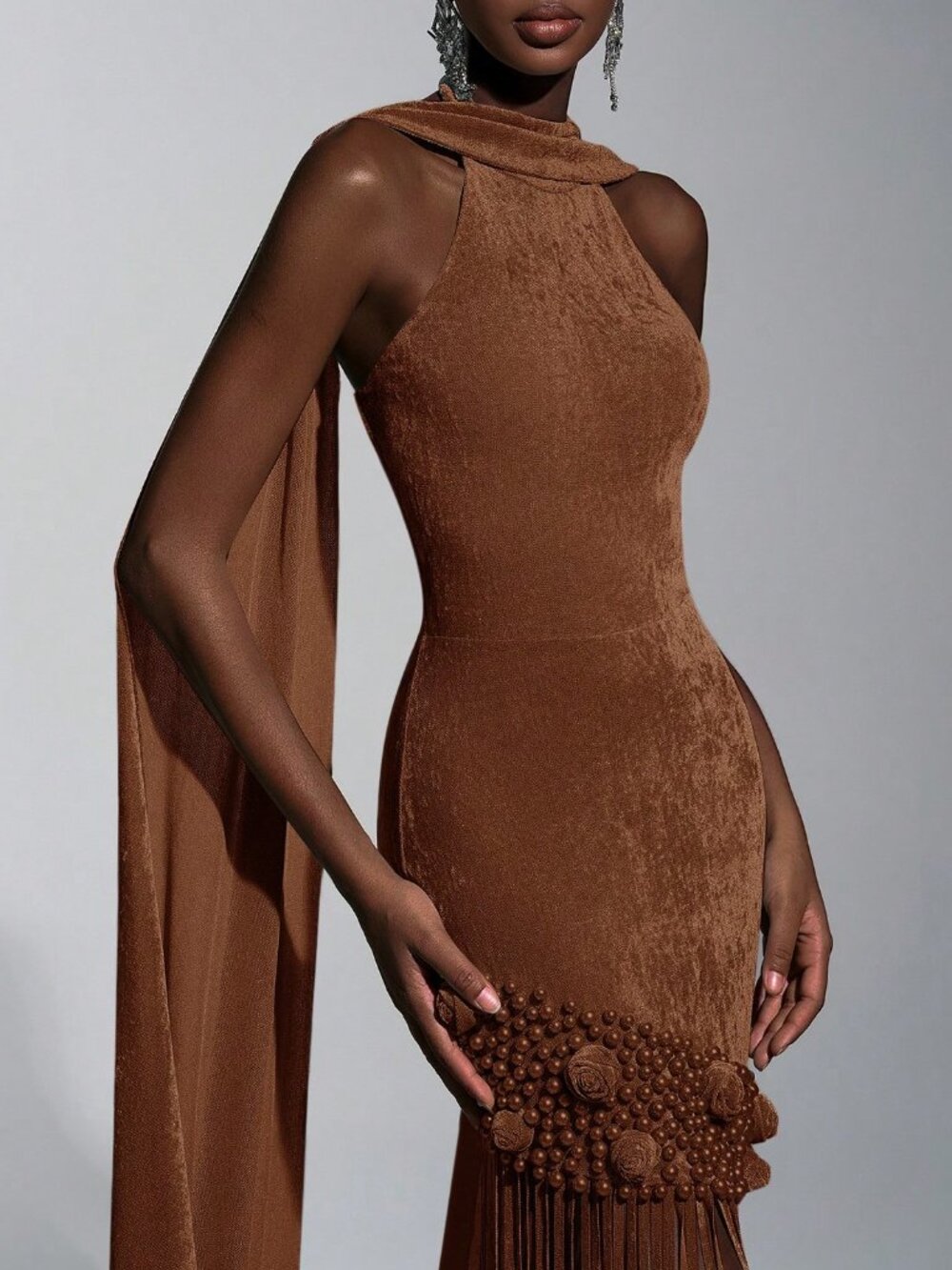 Brown Elegant Romantic Women's Velvet Tassel Sequin Party Dress - Picture 7 of 8